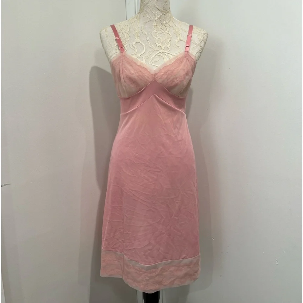 Vintage 60s 70s Blush Pink Lace‎ Trimmed Slip Sz. S - Picture 3 of 12